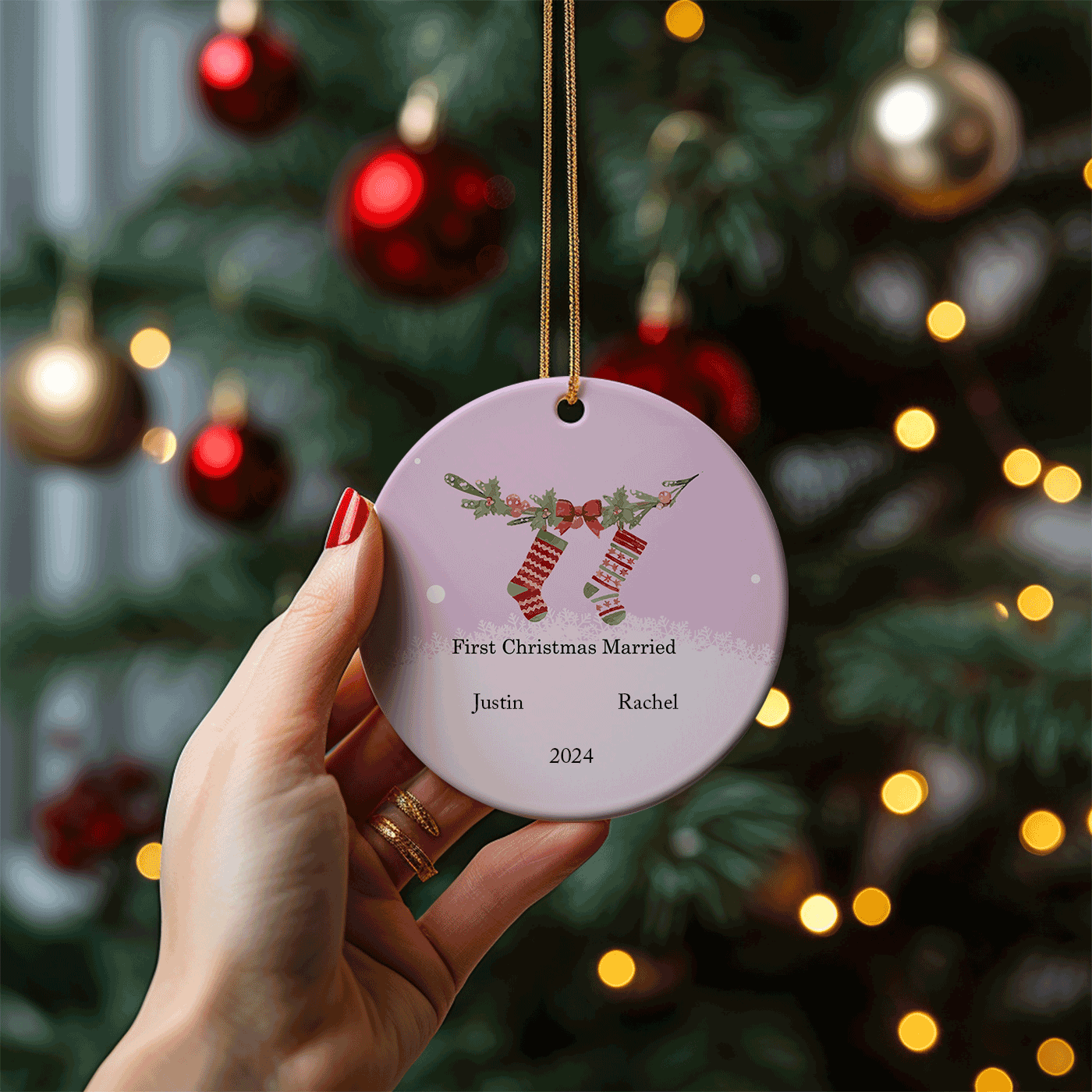 First Christmas Married Ornament | Festive Stocking Design for Newlyweds | Ceramic Ornament